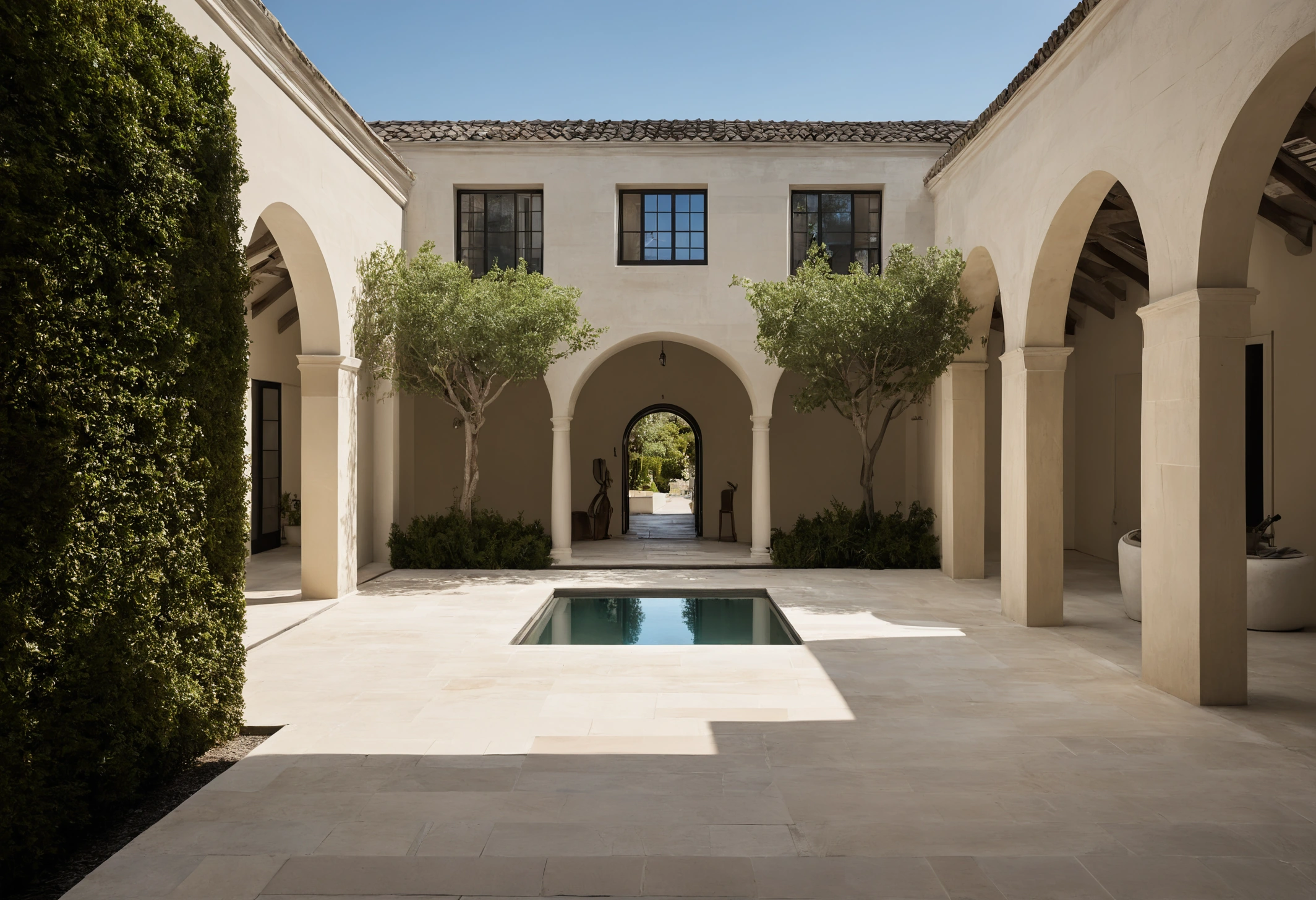 Internal courtyard of a house with plain outward walls, shaded arcade and a central water feature