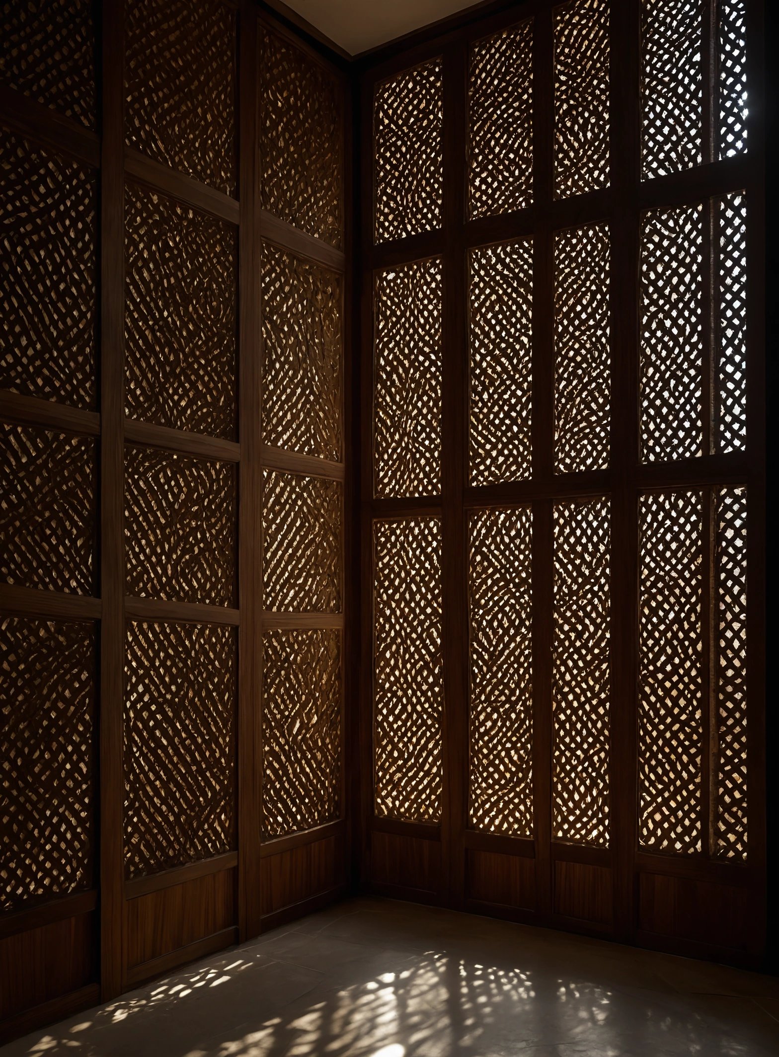 Timber lattice screen casting patterned shadow across an interior floor and wall