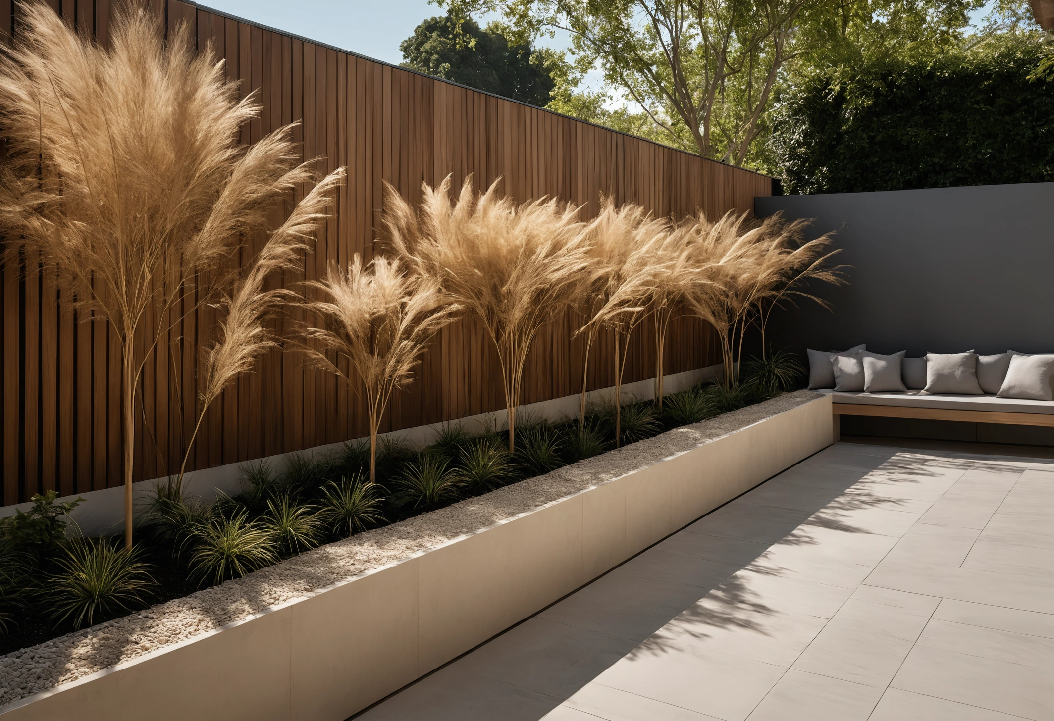 Narrow screened side courtyard between a villa wall and a boundary wall with planting and seating