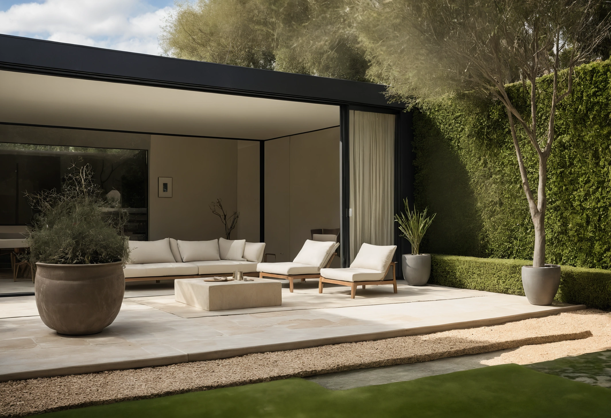 Living room opening onto a walled private garden with full-height glazing and open curtains